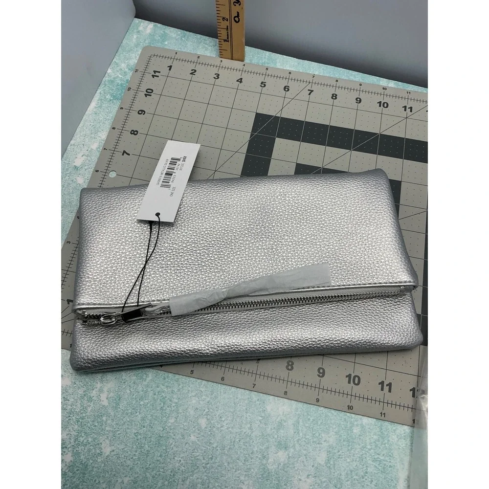 The Drop Women Southampton Foldover Clutch Metallic Silver Pebbled Faux Leather‎